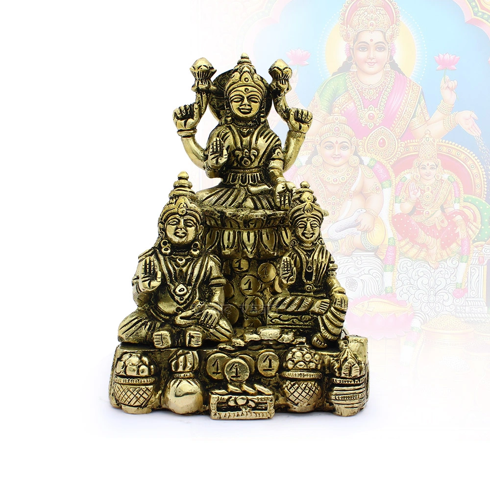 Treasures Lord Kubera With Goddess Lakshmi &amp; Ridhhi Idol / Moorti-AZ1666