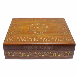 vedic vaani™ long wooden jwellery box with brass inlay work
