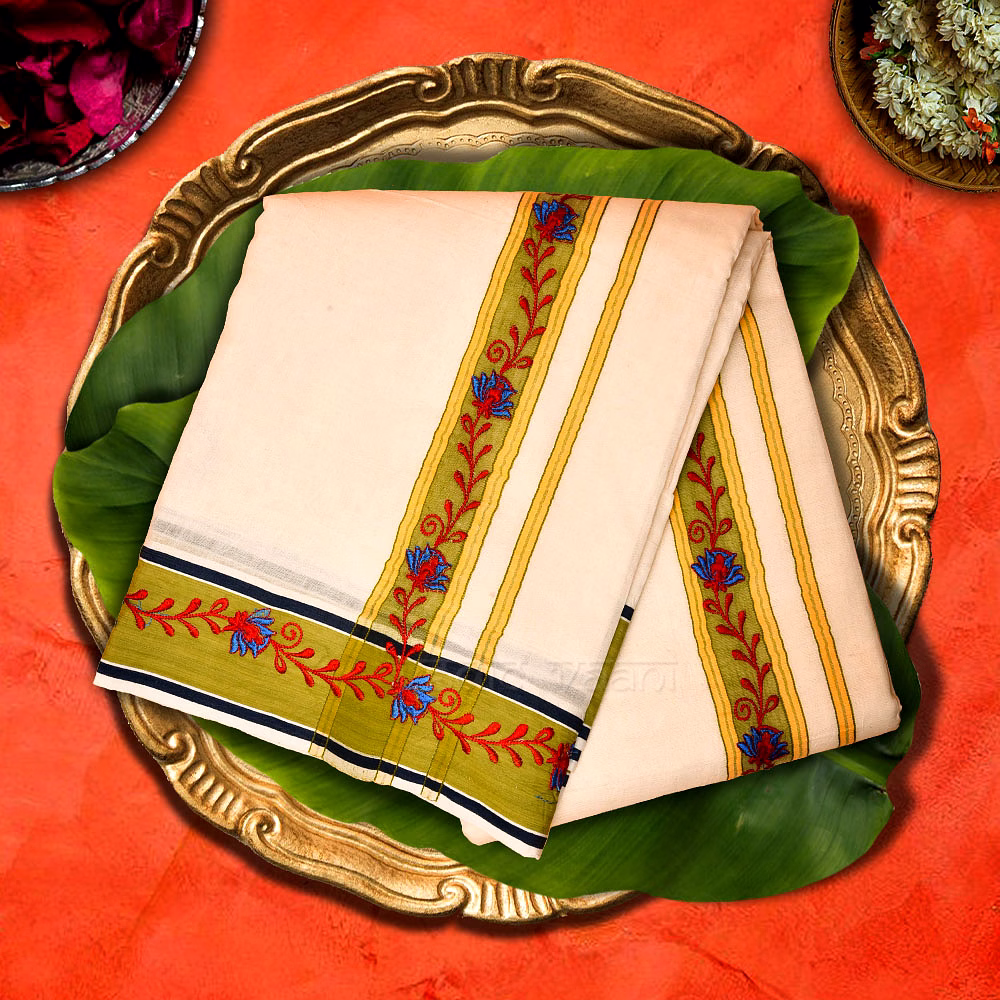 vedic vaani™ embroidery cotton dhoti with upran/angvastra