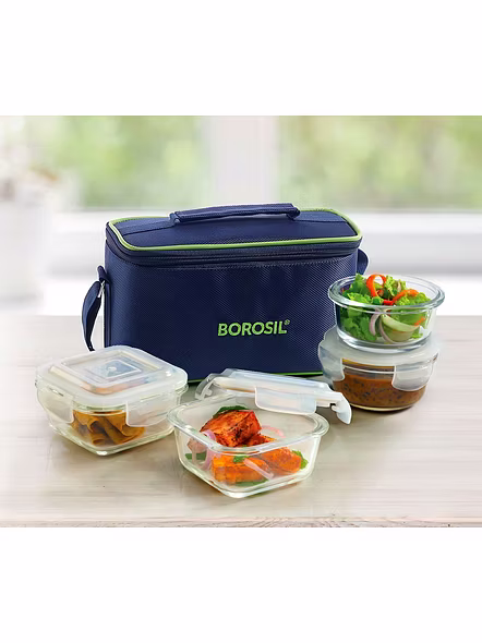 Borosil Glass Universal Lunch Box Set of 4, (2pcs 320 ml sq. + 2pcs 240 ml Round) Microwave Safe Office Tiffin