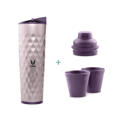 Vaya Drynk 600 ml - Vacuum Insulated Stainless Steel Thermos Flask, Water Bottle (with Gulper lid and 2 Cups) - Purple-35794