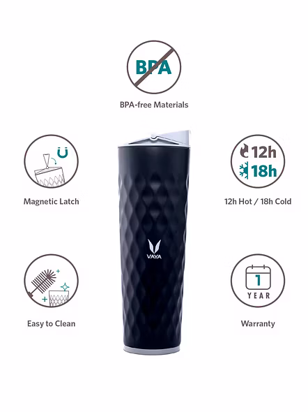 Vaya Drynk 600 ml Vacuum Insulated Stainless Steel Flask, Thermos Sipper Water Bottle (Tumbler+Sipper), Black