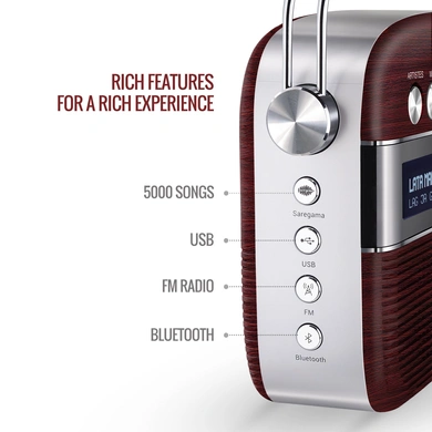 Saregama Carvaan Hindi - Portable Music Player with 5000 Preloaded Songs, FM/BT/AUX (Cherrywood Red)-Cherrywood Red-4