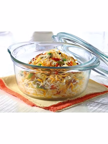 Borosil Glass Casserole Deep Round - Oven and Microwave Safe Serving Bowl with Glass Lid, 2.5L