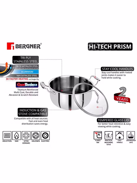 Bergner Hitech Prism Triply Stainless Steel Non Stick Induction Base Casserole with Glass Lid, 20 cm, 3.1 Liters (BG-31157)-2