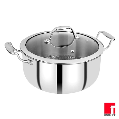 Bergner Hitech Prism Triply Stainless Steel Non Stick Induction Base Casserole with Glass Lid 20 cm 3.1 Liters BG 31157 Mahavir Home Store