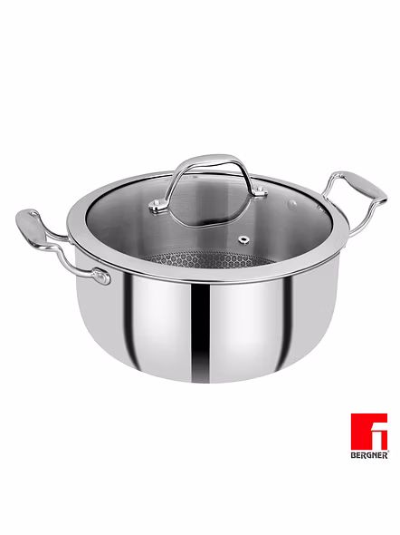 Bergner Hitech Prism Triply Stainless Steel Non Stick Induction Base Casserole with Glass Lid, 20 cm, 3.1 Liters (BG-31157)