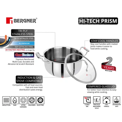 Bergner Hitech Prism Triply Stainless Steel Non Stick Induction Base Casserole with Glass Lid, 24 cm, 5.3Litres (BG-31158)-2