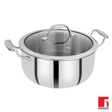 Bergner Hitech Prism Triply Stainless Steel Non Stick Induction Base Casserole with Glass Lid, 24 cm, 5.3Litres (BG-31158)-44001