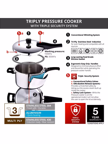 Bergner Argent Elements Triply Stainless Steel UnPressure Cooker with Outer Lid, 3.5 Ltrs (BG-9702)-4