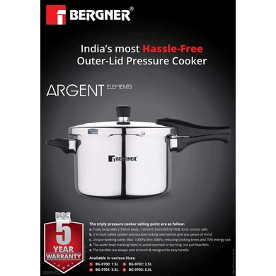 Bergner Argent Elements Triply Stainless Steel UnPressure Cooker with Outer Lid, 2.5 Ltrs (BG-9701)-4