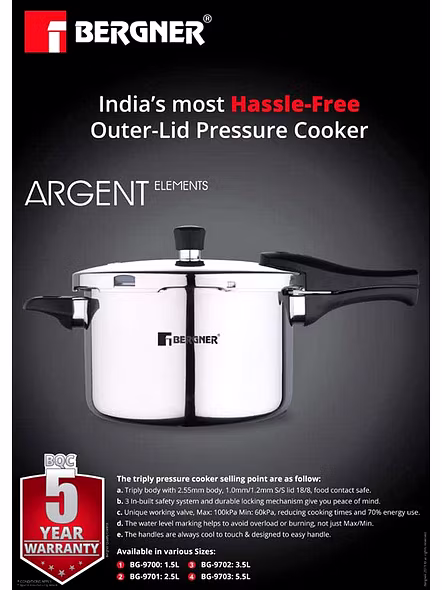 Bergner Argent Elements Triply Stainless Steel UnPressure Cooker with Outer Lid, 2.5 Ltrs (BG-9701)-4