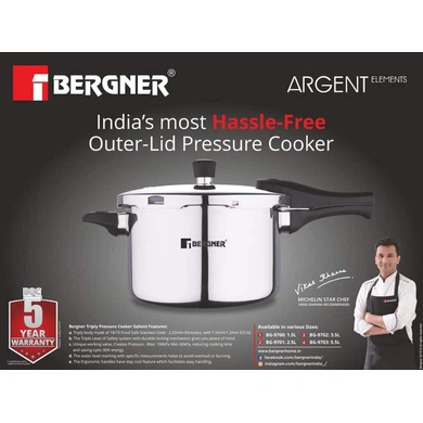 Bergner Argent Elements Triply Stainless Steel UnPressure Cooker with Outer Lid, 2.5 Ltrs (BG-9701)-3
