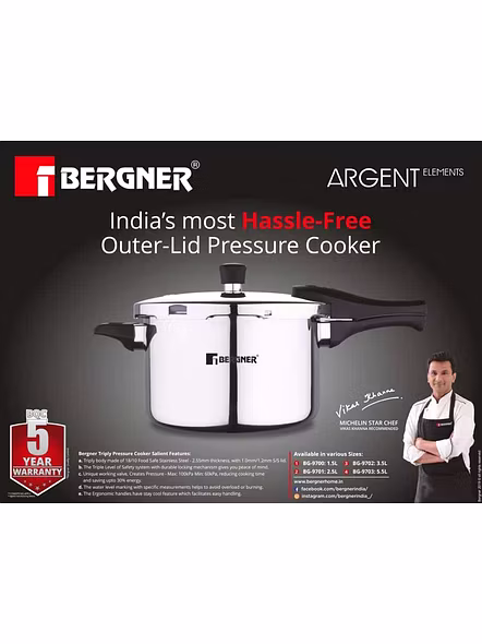 Bergner Argent Elements Triply Stainless Steel UnPressure Cooker with Outer Lid, 2.5 Ltrs (BG-9701)-3