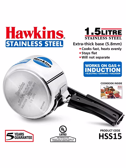 Hawkins Stainless Steel Induction Pressure Cooker, 1.5 litres, Silver (HSS15)