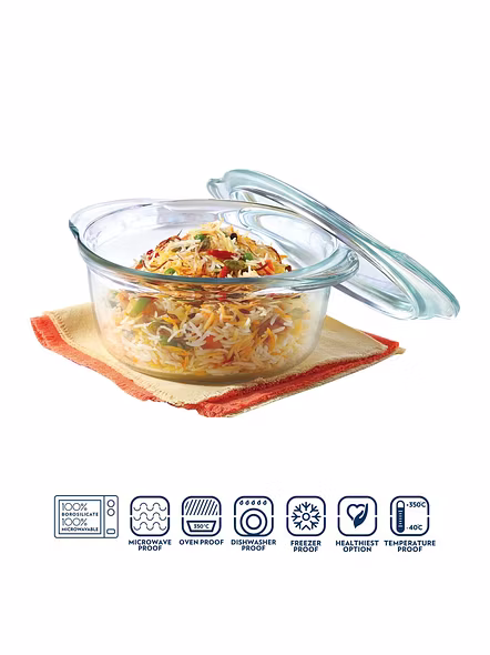 Borosil Glass Casserole Deep Round - Oven and Microwave Safe Serving Bowl with Glass Lid, 2.5L-2