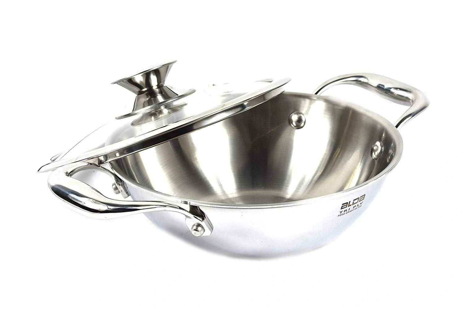 Alda Vitale Tri Ply Stainless Steel Wok Pan + Glass Lid - 22cm-2