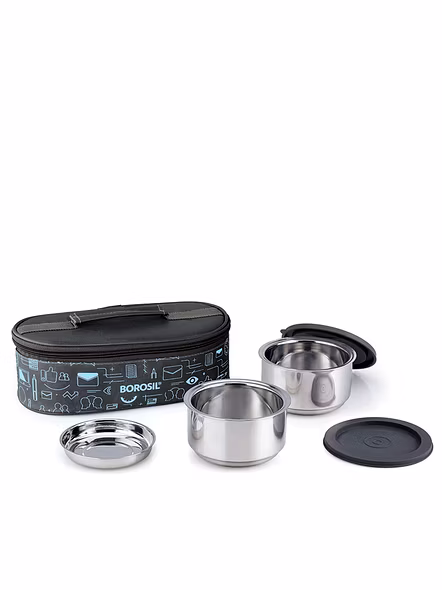 Borosil Carry Fresh Stainless Steel Insulated Lunch Box Set of 2, 280 ml Horizontal
