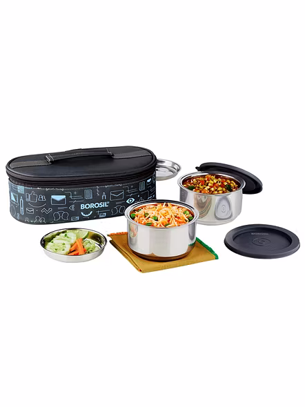 Borosil Carry Fresh Stainless Steel Insulated Lunch Box Set of 2, 280 ml Horizontal