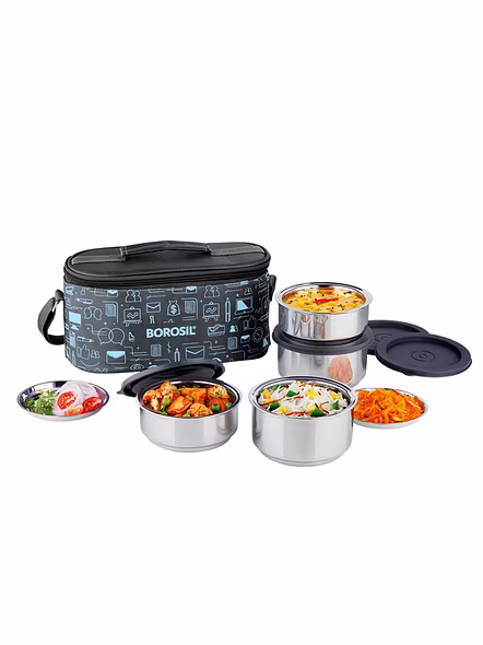 Borosil Carry Fresh Stainless Steel Insulated Lunch Box Set of 4, (2pcs 280 ml + 2pcs 180 ml)