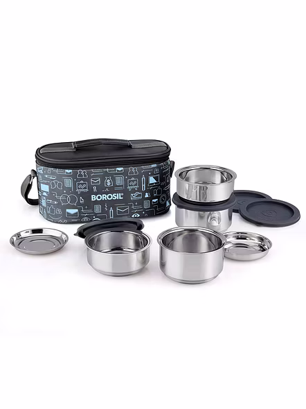 Borosil Carry Fresh Stainless Steel Insulated Lunch Box Set of 4, (2pcs 280 ml + 2pcs 180 ml)