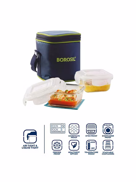 Borosil Glass Lunch Box Set of 2, 320 ml, Vertical, Microwave Safe Office Tiffin