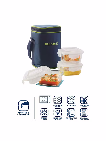 Borosil Glass Lunch Box Set of 3, 320 ml, Vertical Microwave Safe Office Tiffin