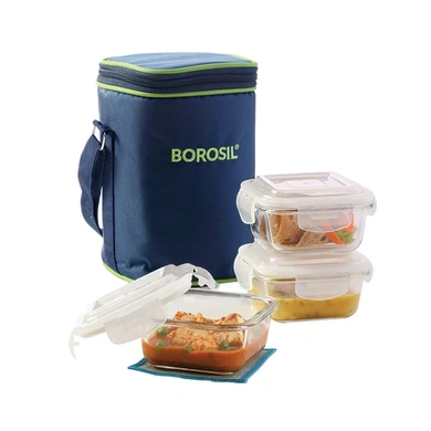 Borosil Glass Lunch Box Set of 3, 320 ml, Vertical Microwave Safe Office Tiffin-20379