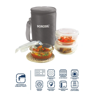 Borosil Glass Lunch Box Set of 3, 400 ml, Vertical  Microwave Safe Office Tiffin-1