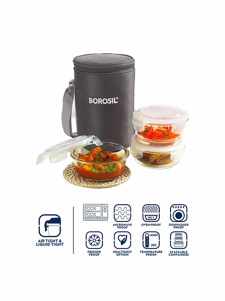 Borosil Glass Lunch Box Set of 3, 400 ml, Vertical  Microwave Safe Office Tiffin