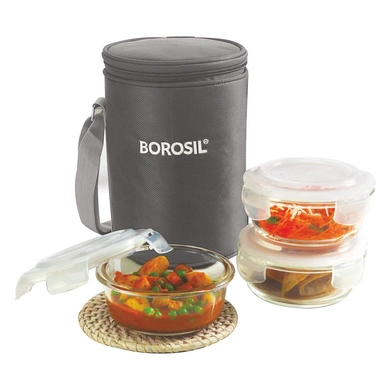 Borosil Glass Lunch Box Set of 3, 400 ml, Vertical  Microwave Safe Office Tiffin-31413