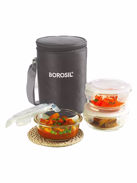 Borosil Glass Lunch Box Set of 3, 400 ml, Vertical  Microwave Safe Office Tiffin