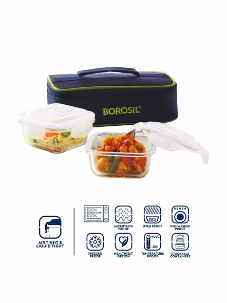 Borosil Glass Lunch Box Set of 2, 320 ml, Horizontal Microwave Safe Office Tiffin