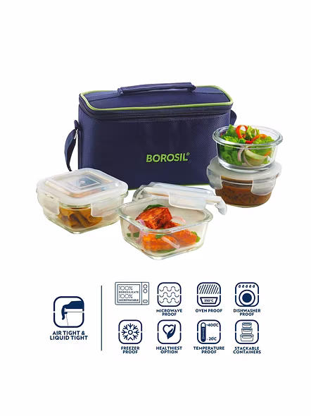 Borosil Glass Universal Lunch Box Set of 4, (2pcs 320 ml sq. + 2pcs 240 ml Round) Microwave Safe Office Tiffin