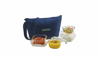 Borosil Glass Daisy Lunch Box Set of 4, (2 pcs 320 ml Square + 2pcs 240 ml Round) Microwave Safe Office Tiffin