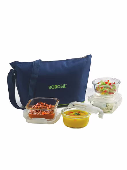 Borosil Glass Daisy Lunch Box Set of 4, (2 pcs 320 ml Square + 2pcs 240 ml Round) Microwave Safe Office Tiffin
