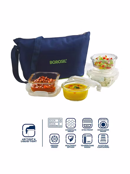 Borosil Glass Daisy Lunch Box Set of 4, (2 pcs 320 ml Square + 2pcs 240 ml Round) Microwave Safe Office Tiffin