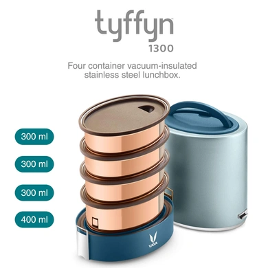 Vaya Tyffyn Copper-Finished Stainless Steel Lunch Box with Bagmat, 1300ml, 4 Containers-Blue-1300ml-1