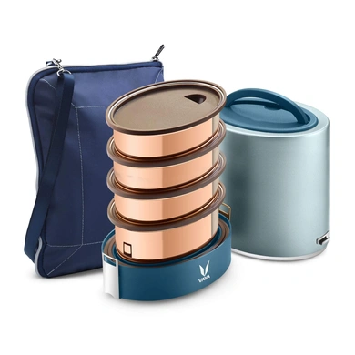 Vaya Tyffyn Copper-Finished Stainless Steel Lunch Box with Bagmat, 1300ml, 4 Containers-43675