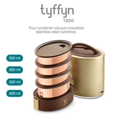 Vaya Tyffyn Copper-Finished Stainless Steel Lunch Box with Bagmat, 1300ml, 4 Containers-Gold-1300ml-2