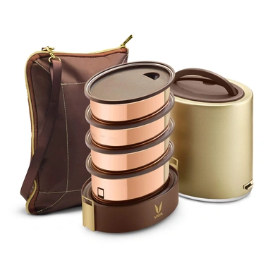 Vaya Tyffyn Copper-Finished Stainless Steel Lunch Box with Bagmat, 1300ml, 4 Containers-45530