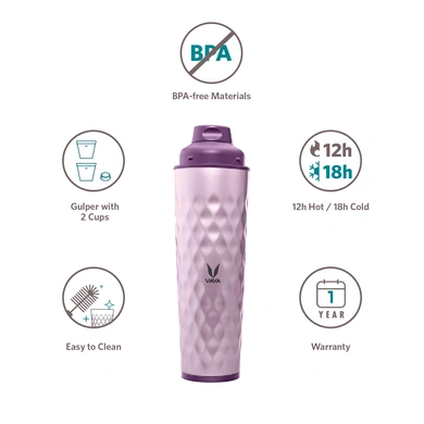 Vaya Drynk 600 ml - Vacuum Insulated Stainless Steel Thermos Flask, Water Bottle (with Gulper lid and 2 Cups) - Purple-1