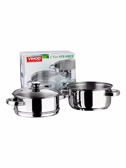 Vinod Stainless Steel 2 Tier Steamer with Glass Lid - 20 cm (Induction Friendly)-5