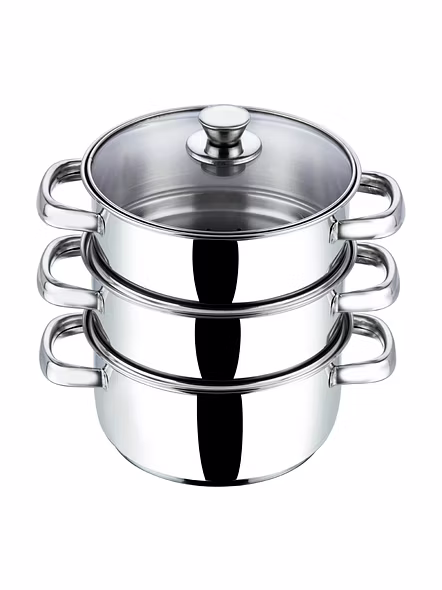 Vinod Stainless Steel 3 Tier Steamer with Glass Lid -20 cm (Induction Friendly)