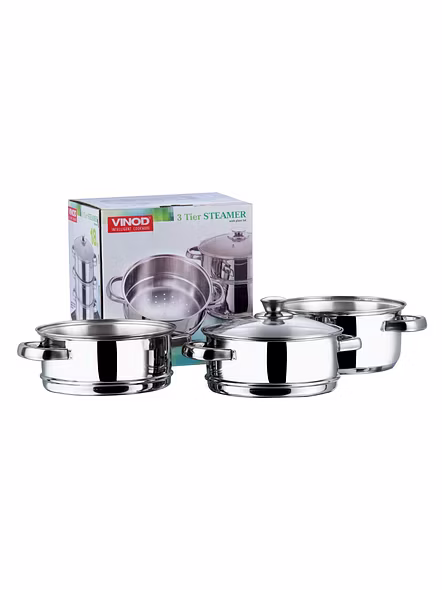 Vinod Stainless Steel 3 Tier Steamer with Glass Lid -20 cm (Induction Friendly)-4