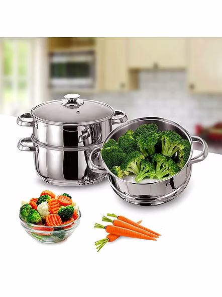 Vinod Stainless Steel 3 Tier Steamer with Glass Lid -20 cm (Induction Friendly)-5