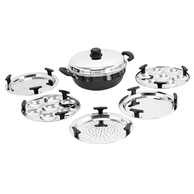 Vinod Hard Anodized 6 pcs Multi Kadai (Induction Friendly) with stainless steel lid, 2 idli plates, 2 dhokla plates and 1 patra plate-8775