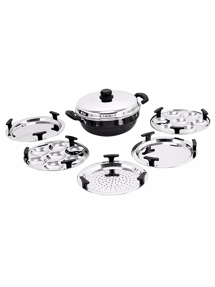 Vinod Hard Anodized 6 pcs Multi Kadai (Induction Friendly) with stainless steel lid, 2 idli plates, 2 dhokla plates and 1 patra plate