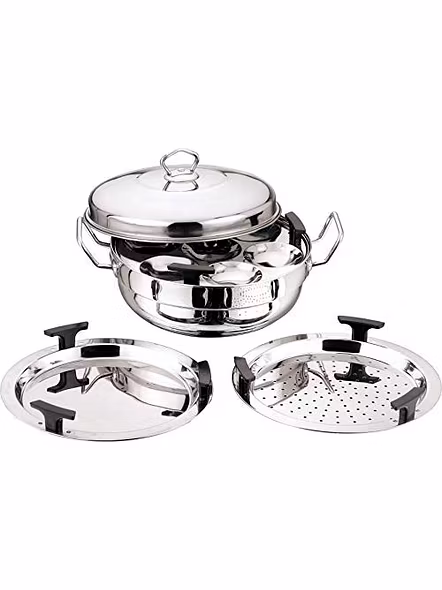 Vinod Stainless Steel 6 pcs Multi Kadai (Induction Friendly) with Stainless Steel lid, 2 idli Plates, 2 dhokla Plates and 1 patra Plate
