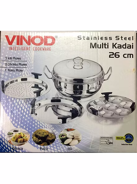 Vinod Stainless Steel 6 pcs Multi Kadai (Induction Friendly) with Stainless Steel lid, 2 idli Plates, 2 dhokla Plates and 1 patra Plate-4